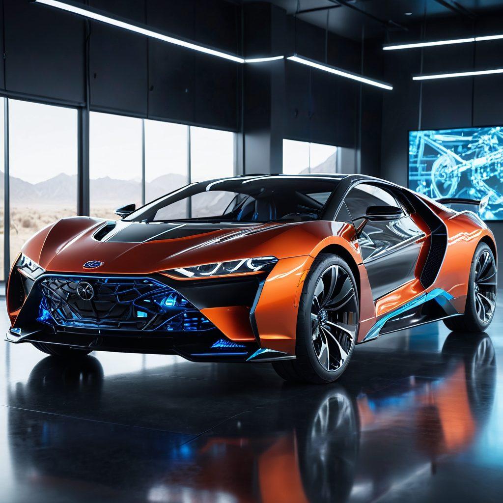 A futuristic automotive frame intricately designed with highlighted stress points, showcasing optimized materials and engineering. A partially transparent car body hovers above, revealing the relationship between the frame and vehicle architecture. Background features a tech-inspired landscape with blueprints and digital schematics. Bright and engaging colors to enhance the sense of innovation. super-realistic. vibrant colors. high-tech ambiance.