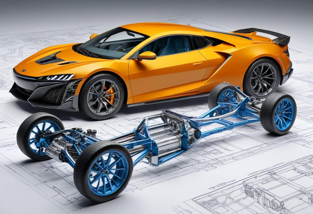 A dynamic split image showcasing the evolution of vehicle frames: on one side, a traditional frame with safety features highlighted in a blueprint style, and on the other side, a sleek modern frame emphasizing performance and aerodynamics, adorned with futuristic elements. The background features construction tools and engineering schematics, illustrating the transformation process. Illustrative style with vibrant colors and a touch of realism.