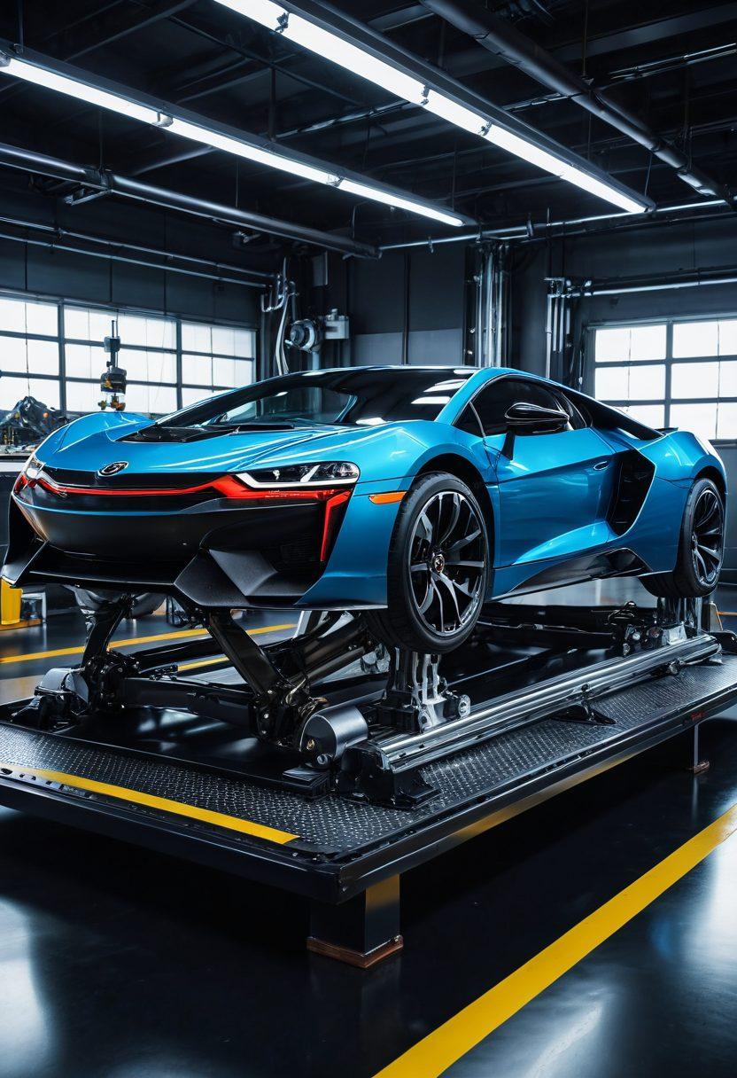 A sleek, futuristic car frame under construction, with high-tech robotic arms and digital blueprints overlaying the scene. Emphasize innovative materials like carbon fiber and aluminum in a well-lit workshop showcasing modern tools and machinery. Include a backdrop with automotive designs and a sense of motion, symbolizing speed and evolution in automotive engineering. hyper-realistic. vibrant colors. dynamic angles.